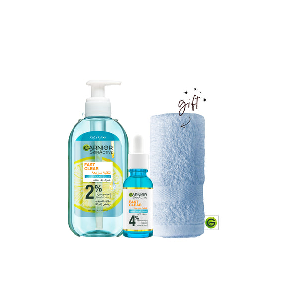 Garnier Fast Clear Anti-Acne Serum & Gel Wash Bundle + Towel Gift