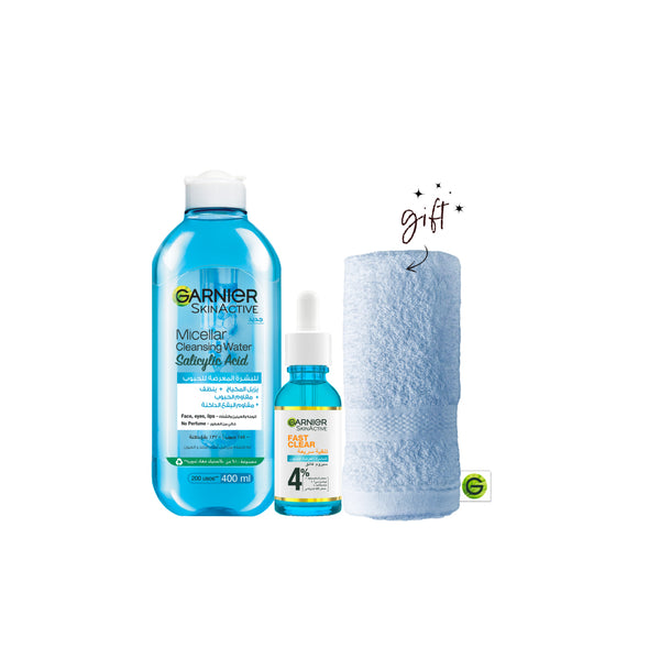 Garnier Fast Clear Anti-Acne Serum & Micellar Water Bundle + Towel Gift