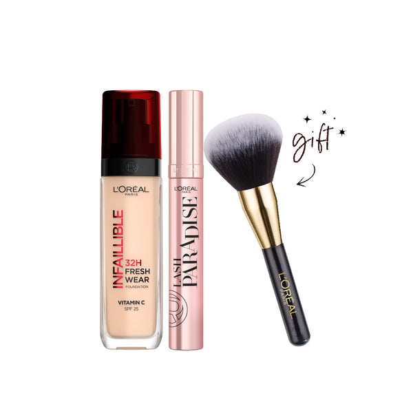 L'Oreal Paris Freshwear Foundation x Lash Paradise + Free Blush Brush Bundle At 25% Off