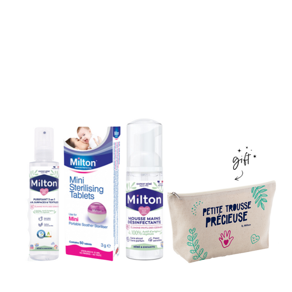 Milton Spray, Sterilizing Tablets, Hand Foam + Free Cotton Pouch Bundle