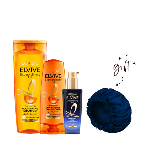 L'Oreal Paris Elvive Exoil Shampoo, Conditioner And Serum Bundle + Free Silk Bonnet