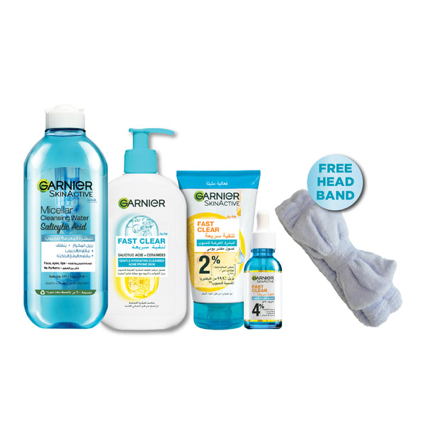 Garnier Fast Clear 4 Step Routine Bundle + Free Head Band At 20% Off