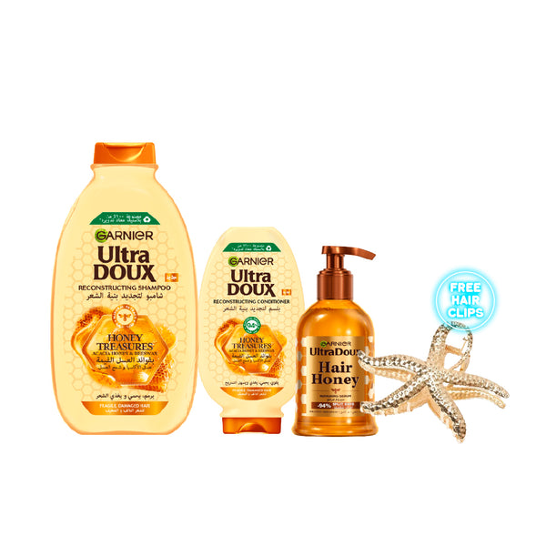 Garnier Ultra Doux Honey Treasures Trio Bundle + Free Hair Clip At 20% Off
