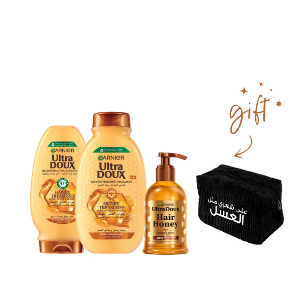 Garnier Ultra Doux Honey Treasures Trio Bundle + Free Pouch